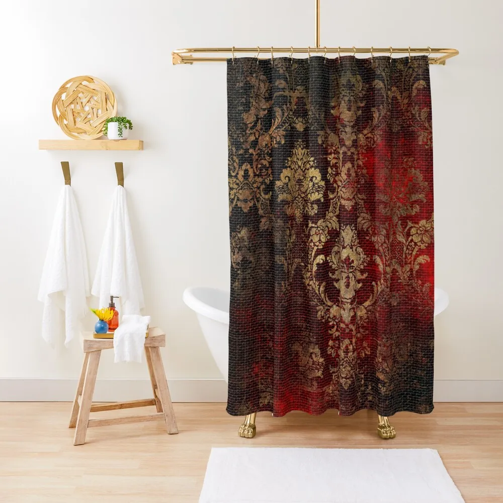 

Elegant Black and Red Faux Tapestry With Gold Damask Pattern Shower Curtain Shower Waterproof Bathroom Shower Curtain