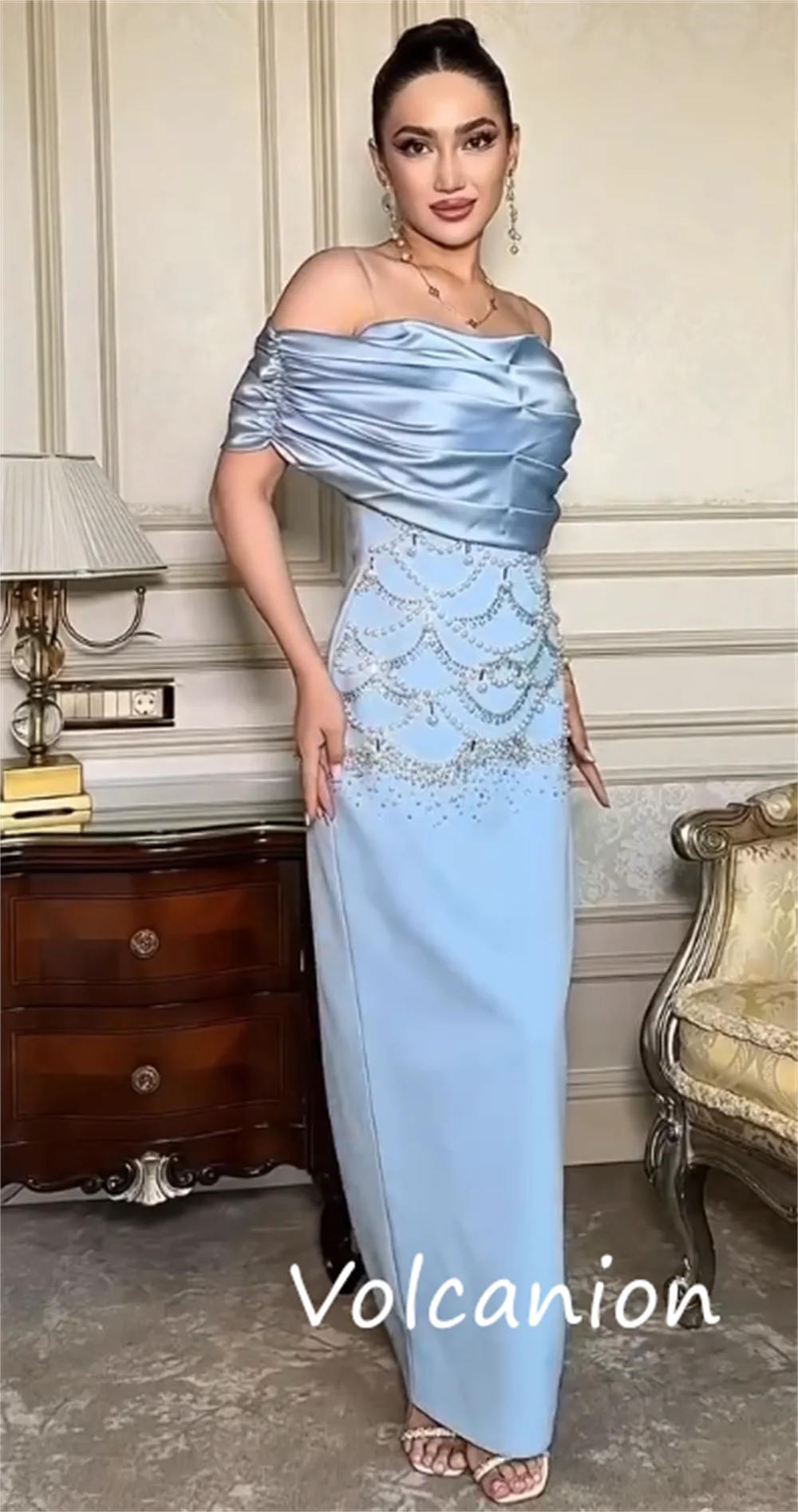 Customized Sizes Available Jersey Sequined Pleat Straight Off-the-shoulder Midi Dresses Bespoke Occasion Casual