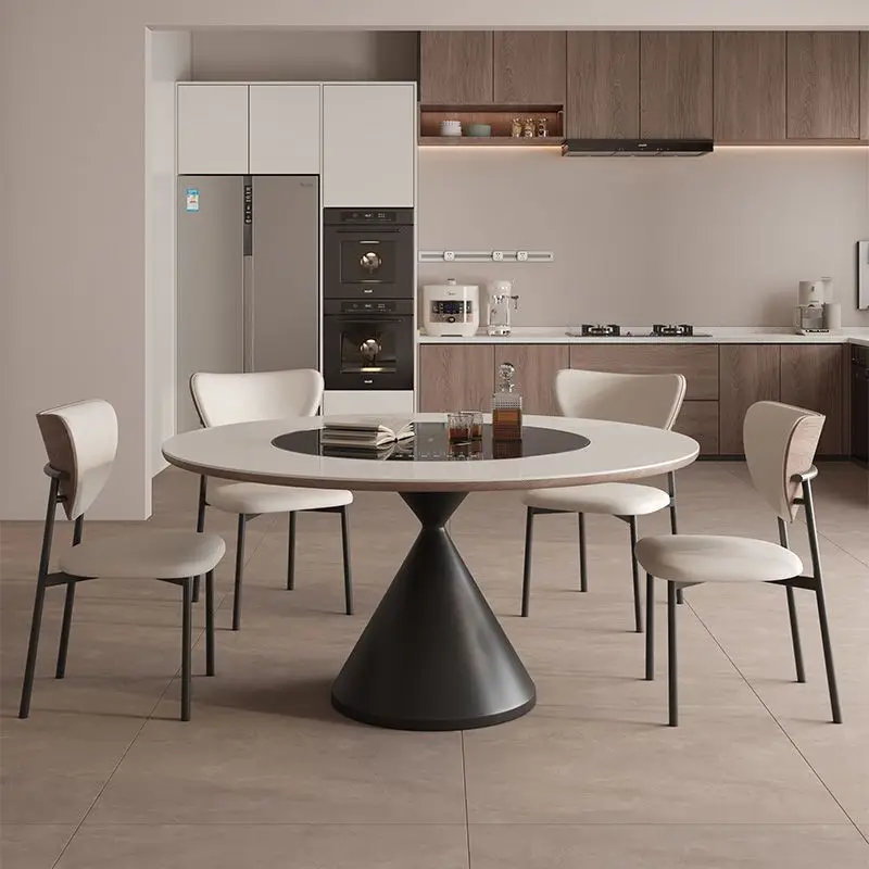 Medieval solid wood round dining table and chair turntable rock slab combination small apartment simple household round table