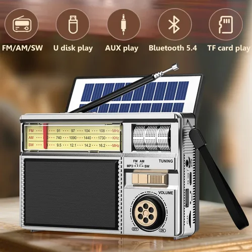 Imagen 2 del producto Radio portátil Retro DSP FM AM SW, Radio clásica Vintage con carga Solar, altavoz recargable Bluetooth 5,4, compatible con tarjeta TF, USB AUX