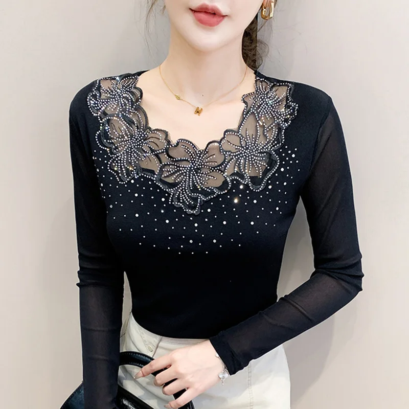 

M-3XL New Autumn Long Sleeved O-Neck Women's T-Shirt Fashion Casual Hot Diamond Lace Tops Black Elasticity Blouses