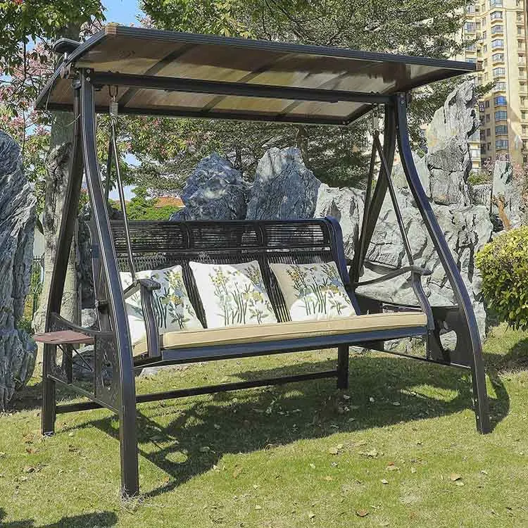 Modern 3-Seat Outdoor Patio Garden Swing Chair Canopy Metal Rattan Design Indoor Balcony School Courtyard Hall Available Black