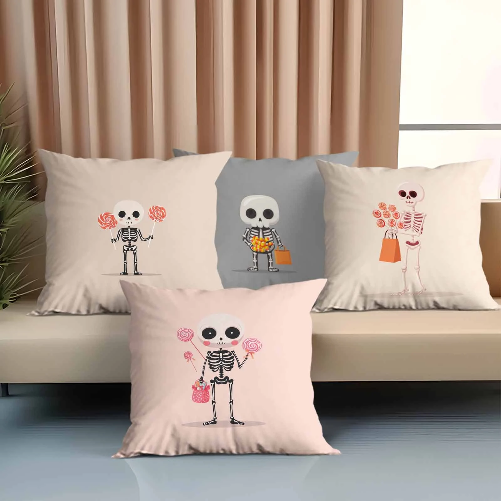 1PC 2D Flat Halloween Cute Skeleton Throw Pillow Covers Candy Themed Cushion Cases For Home Sofa Bedroom Decor No Pillow Core