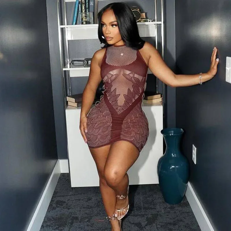 เซ็กซี่ดอกไม้ Hollow Out Mini Dress เสื้อผ้าผู้หญิงแขนกุด O - Neck Night Club Party ตาข่าย Sheer ชุดสั้น Vestidos Cortos