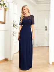 XUIBOL-Vestido de noite formal elegante de lantejoulas mangas curtas para mulheres, vestidos sereia preto chiffon, festa de casamento, vestidos maxi, luxo