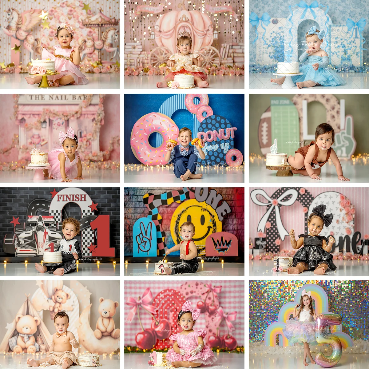Girls and Boys Birthday Party Backdrop Florals and Balloons Cake Smash Themed Backgrounds Kids Baby Photo Backgrounds