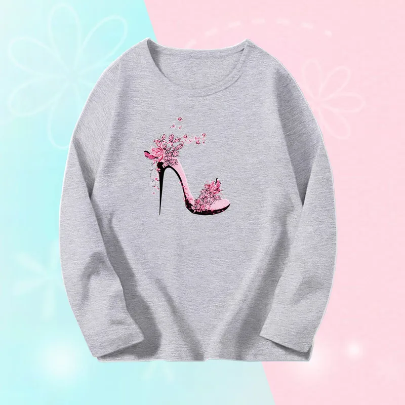 2023 Girl's Long Sleeve T-Shirts Sweet Kids Tee Tops Cute Flower High-heeled Shoes Cute Graphic T-shirts Big Girl Autumn T-Shirt