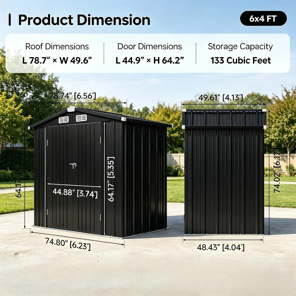 6x4FT Outdoor Metal Storage Shed with Sloping Roof Black for Garden Patio
