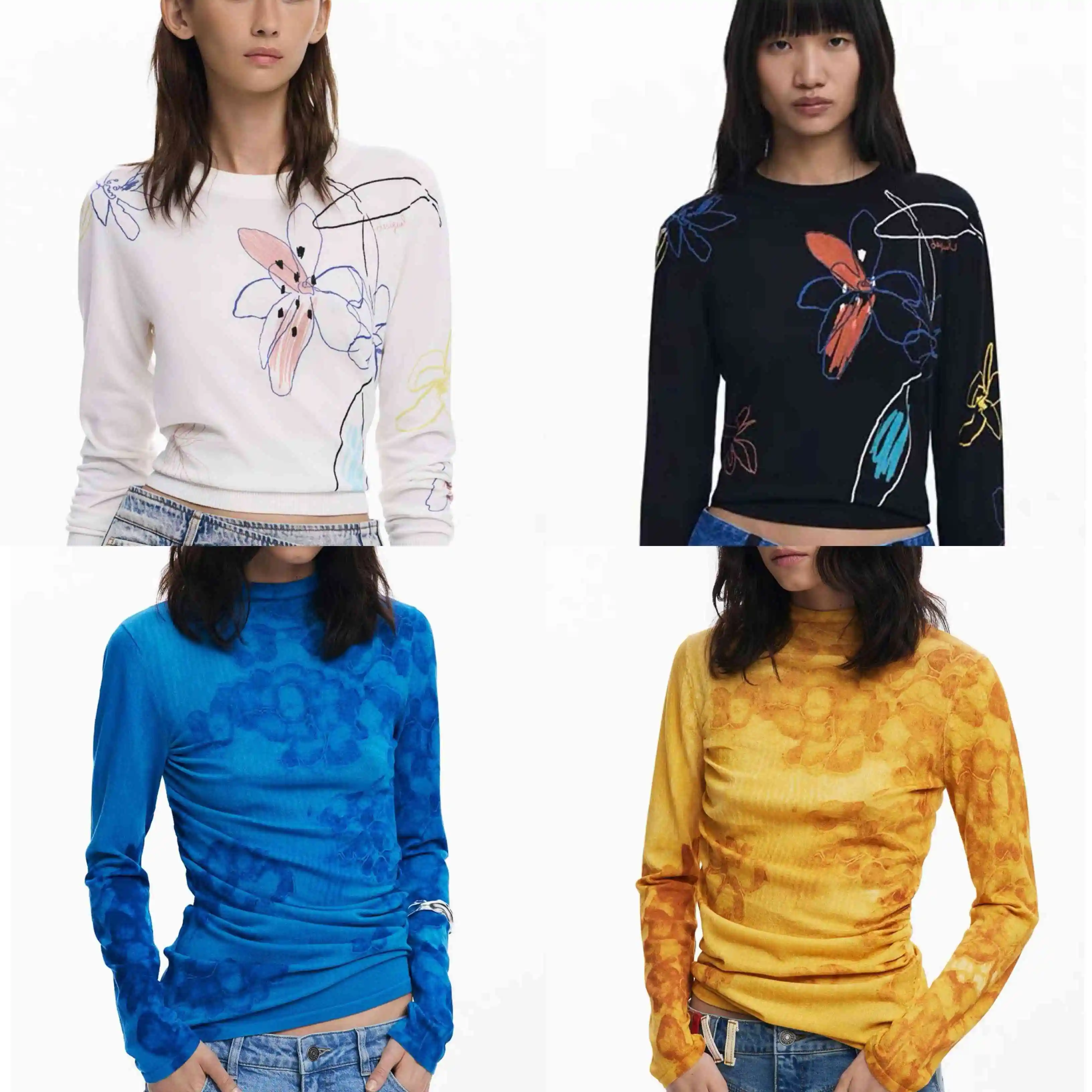 European, American, Spanish original single women's knitted shirt printed embroidery high stretch long sleeved thin top