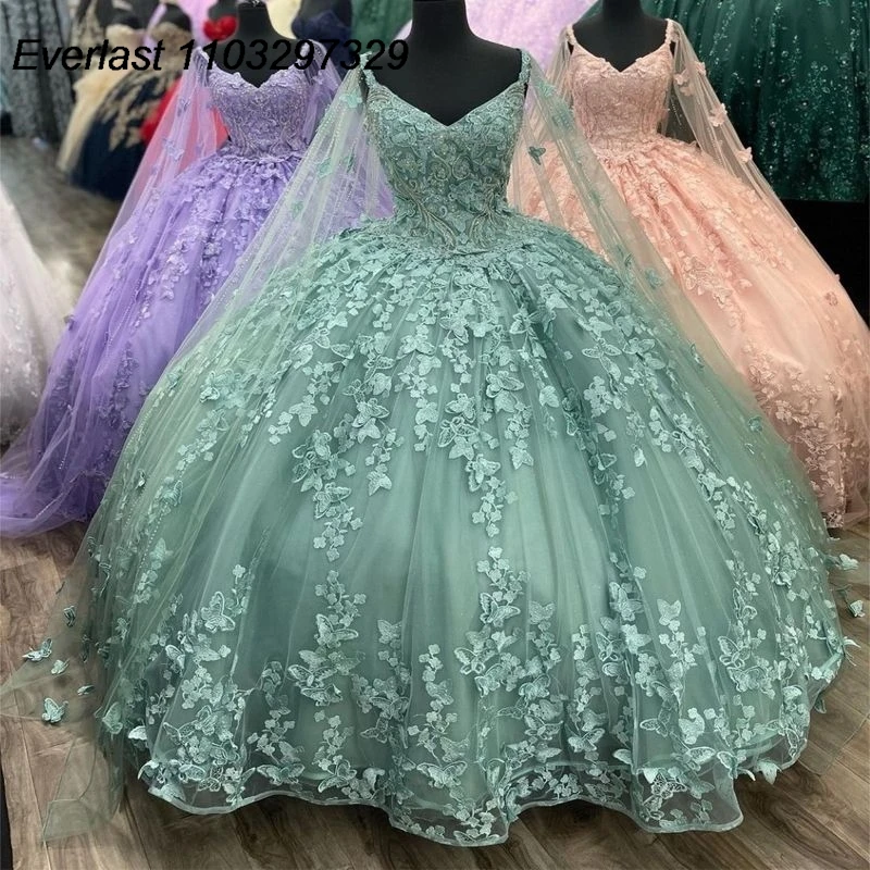 EVLAST Customized Sage Green Quinceanera Dress Ball Gown Lace Butterfly Applique Beading Cape Sweet 16 Vestidos De Anos TQD721