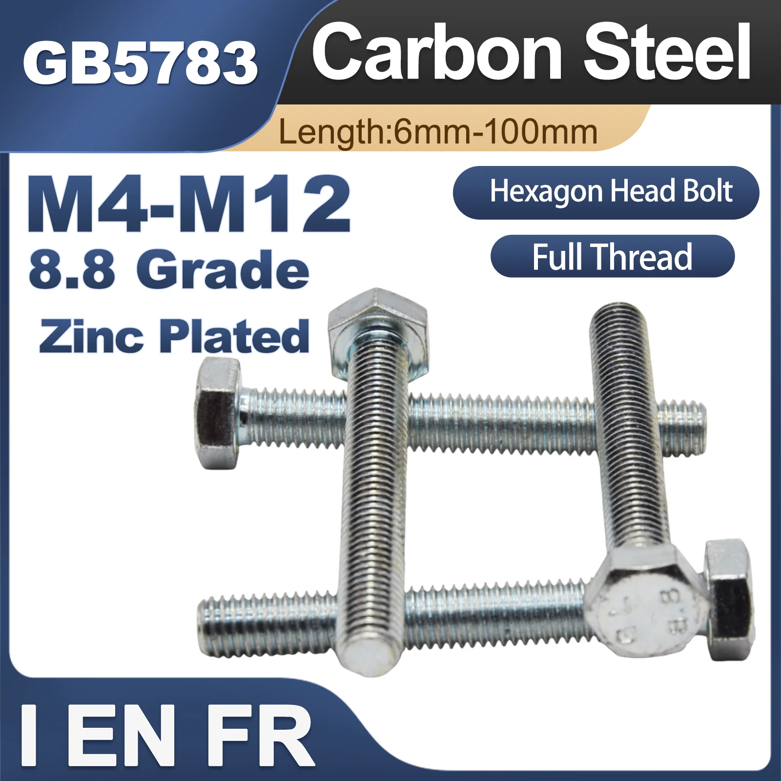 8.8 Grade DIN933 M4 M5 M6 M8 M10 M12 GB5783 Galvanized Steel Full Thread External Hex Outside Hexagon Head Cap Screw Bolt
