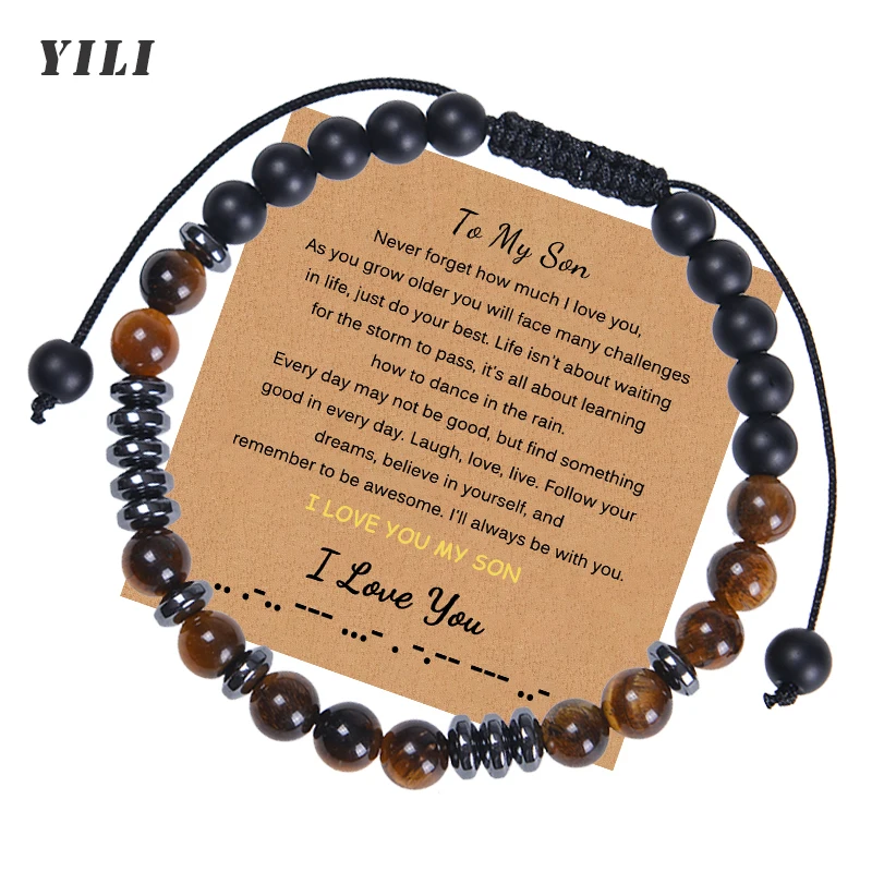 Pulsera de Código Morse para Hombre, 6MM, Piedra de Ojo de Tigre, Pulsera para Mi Hijo, Ajustable, Te Amo, Pulseras de Código Morse con Tarjeta de Felicitación