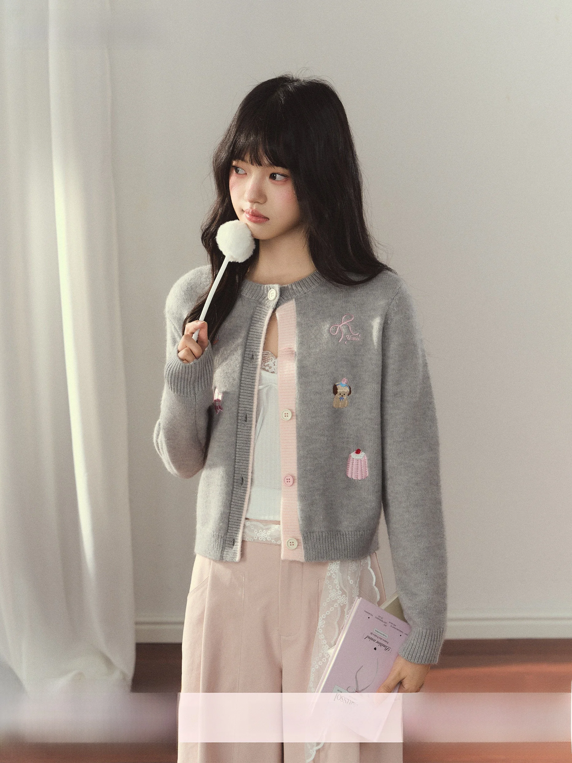 

Вязаный кардиган Umoumo Sweet Casual с вышивкой в виде животных, укороченный, с цветными блоками, для школьниц, с длинными рукавами