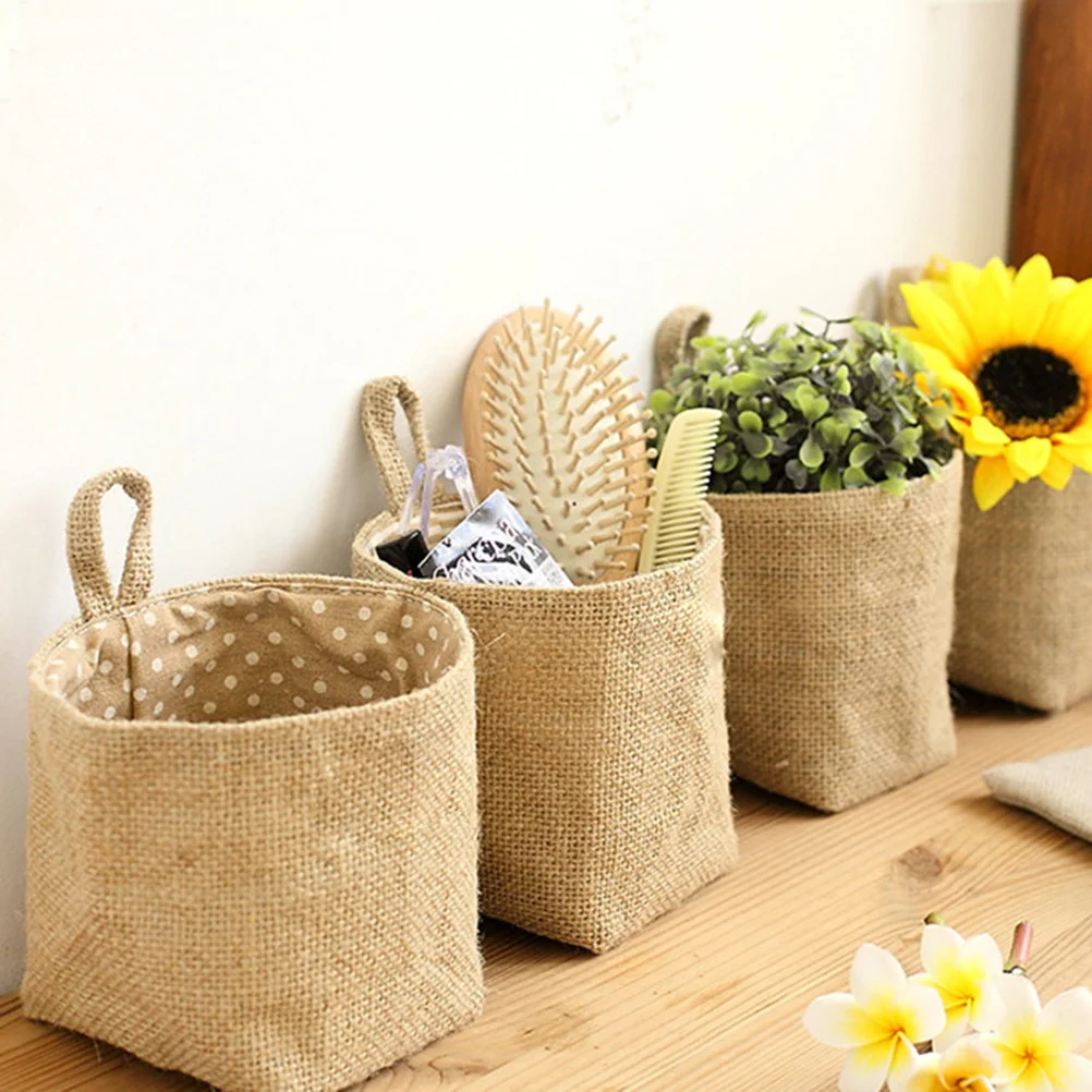 

Hanging Storage Basket Small Striped Jute Fabric Organizer Wall Mount Sundry Holder For Home Bedroom Bathroom - Hanging
