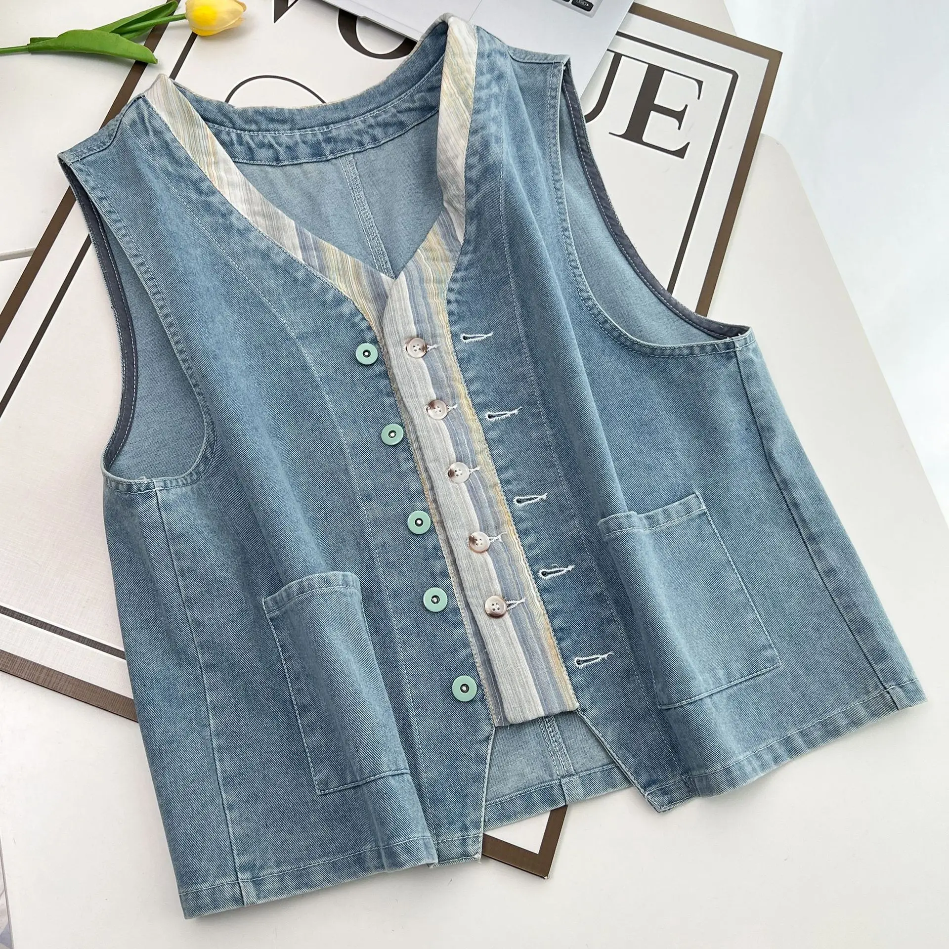 XXL Women's Sleeveless Vest Autumn Block Color Preppy Style Denim Coat 8265