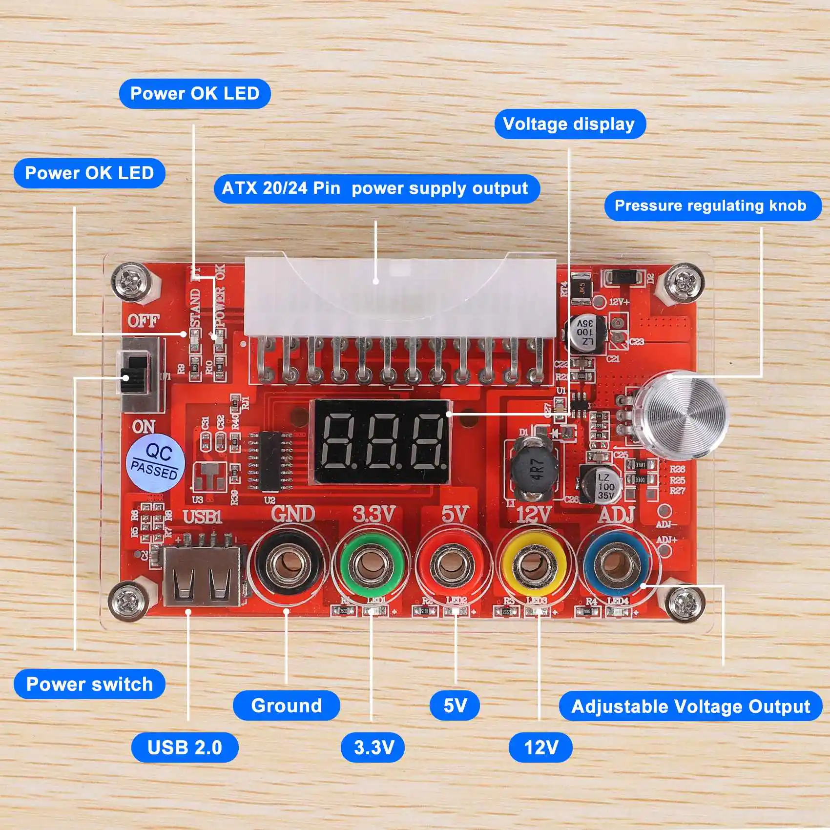 AD41-24 Pin ATX Power Supply Breakout Board dan Akrilik Case Kit Modul Adaptor Konektor Daya Mendukung 3.3V/5V/12V