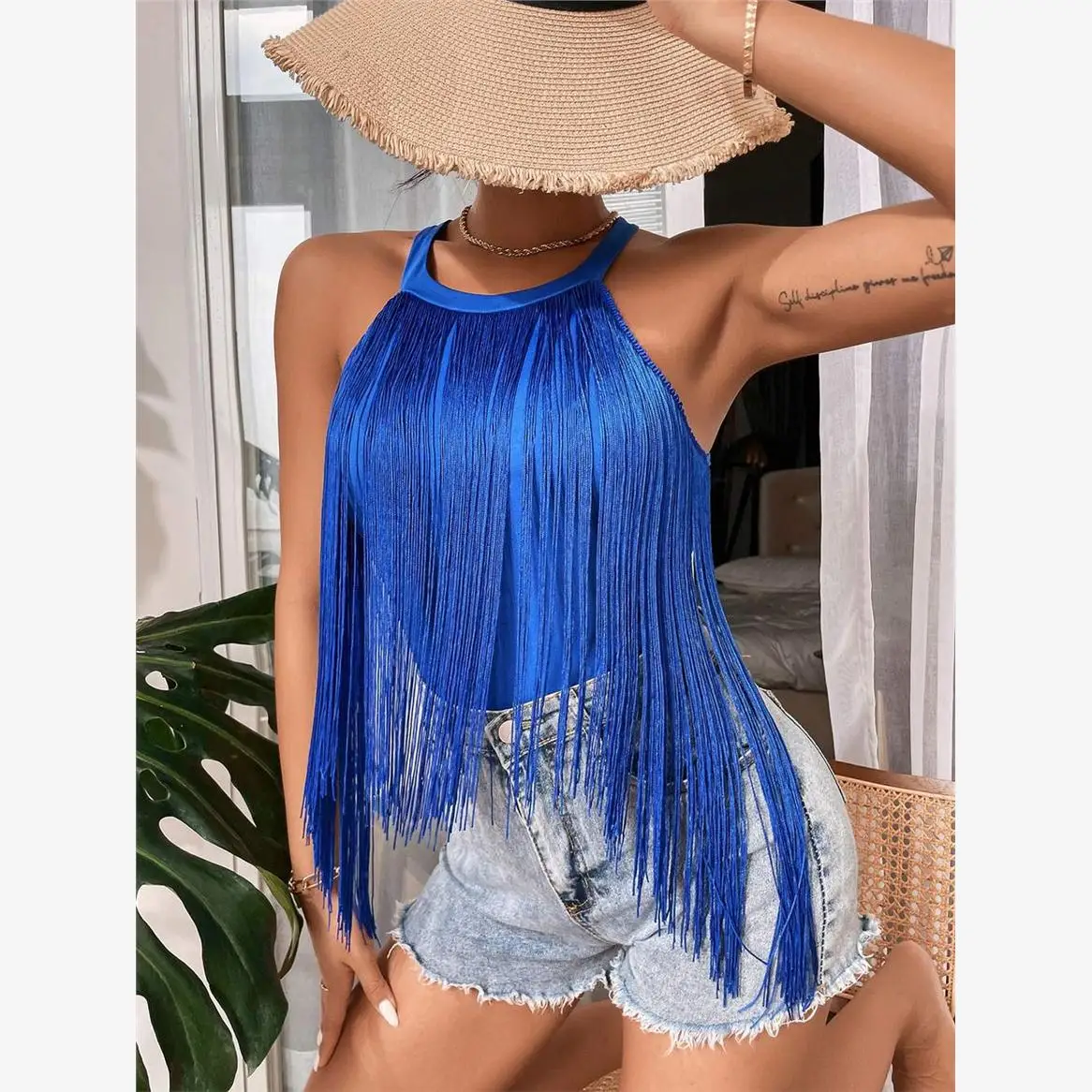 

Faionable Tassel Pure Color Beach Svel Hanging Ne Strap Women's Top Commute Sle Straight Tube Regular Length Summer