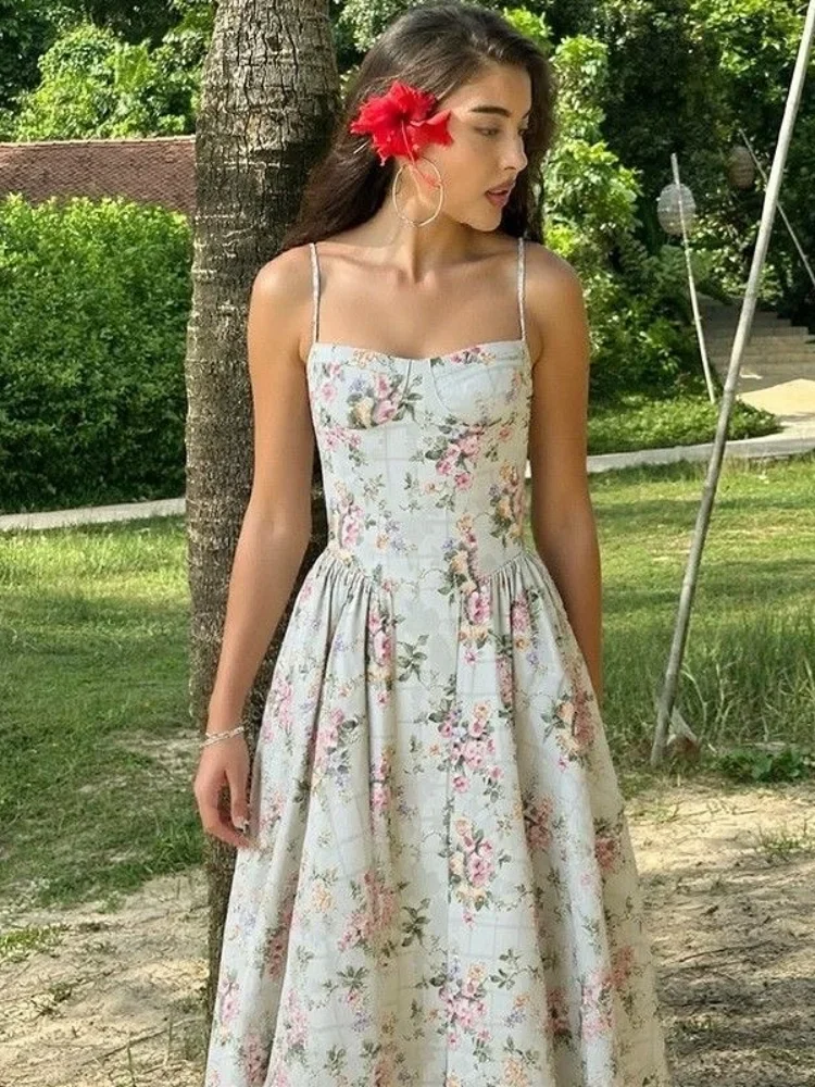 

Light Green Floral Print Dress Women Elegant Neckline Boho Sleeveless Flared A-line Sundress 2026 Beach Vacation Streetwear