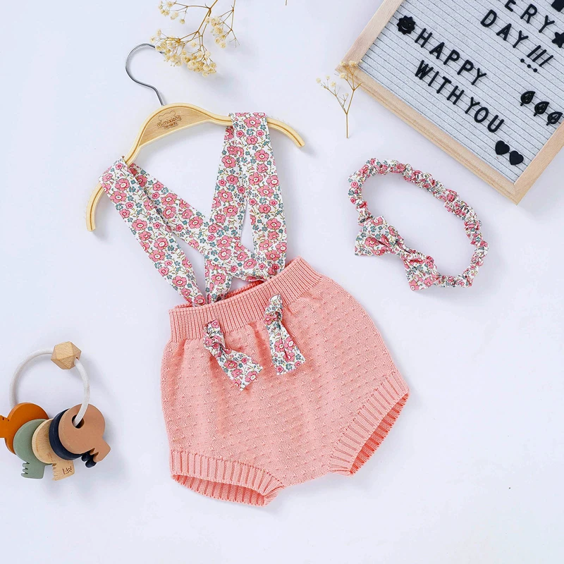 

Girl Baby Romper Cotton Knit Newborn Kid Jumpsuit Bodysuit Sleeveless Summer Infant Toddler Clothing Headwear 2PC Fashion Floral