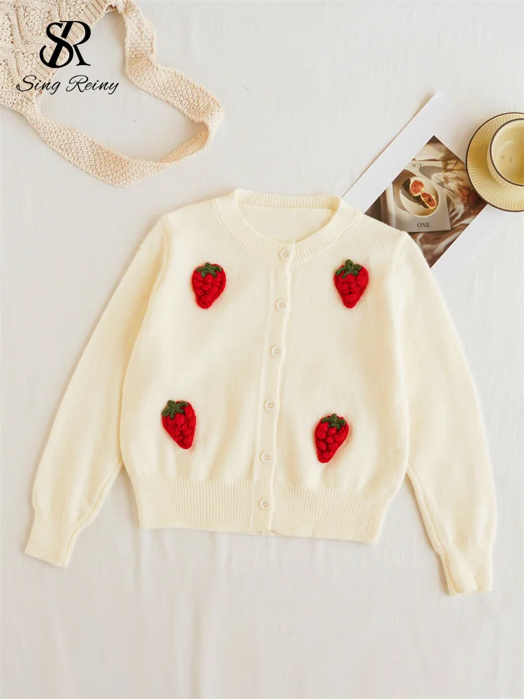 SINGREINY 2024 Fashion 3D Sweater Cardigan Female O-Neck Full Sleeves Single Breasted Strawberry Design Autumn Knitted Pullovers