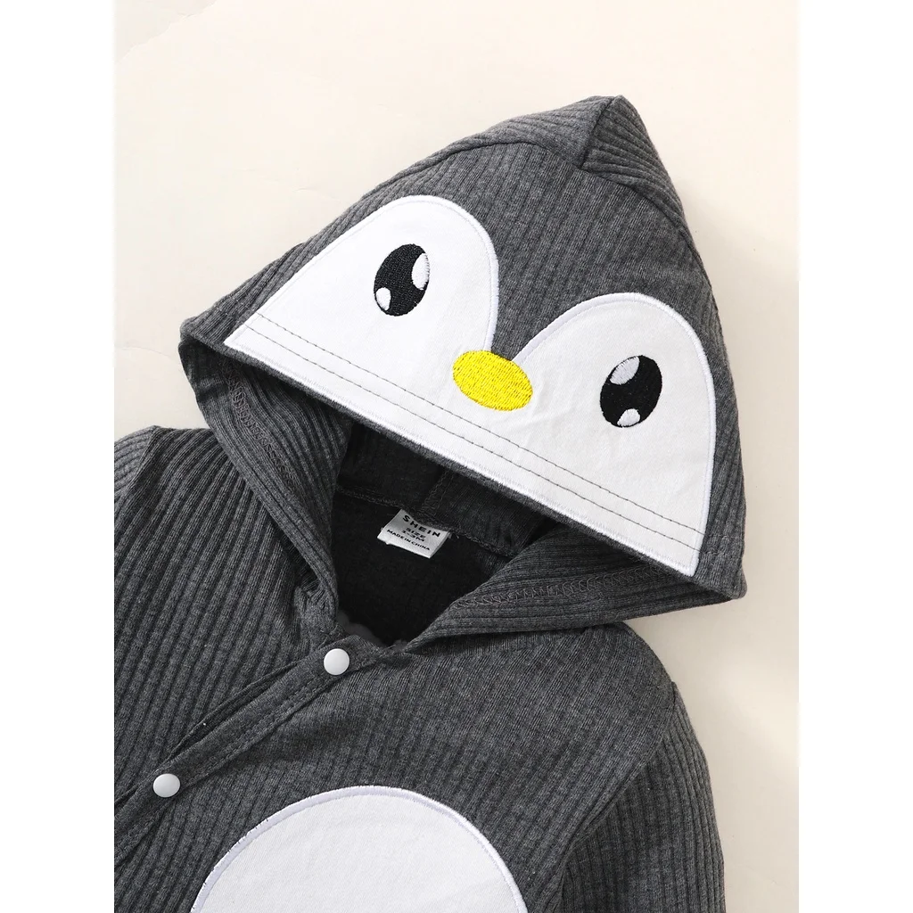 0-6 Months Baby Boy Cute Penguin Hooded with White Small Circle Single-Breasted Bodysuit Dark Grey Long-sleeved Romper Pajamas