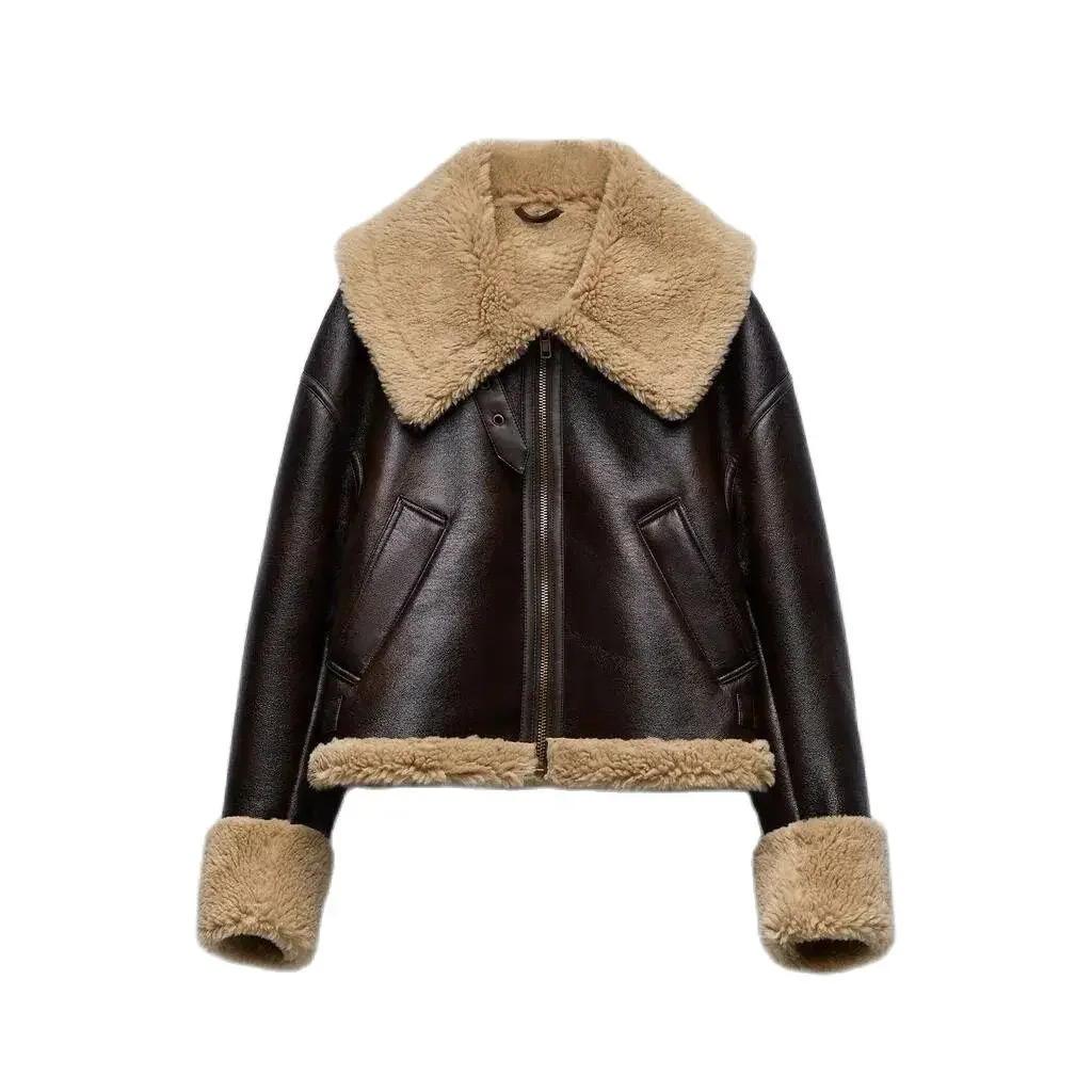 2024 Autumn and Winter New Women\'s Street Style Fur and Leather Double-sided Short Fleece Jacket Coat Leather Jacket