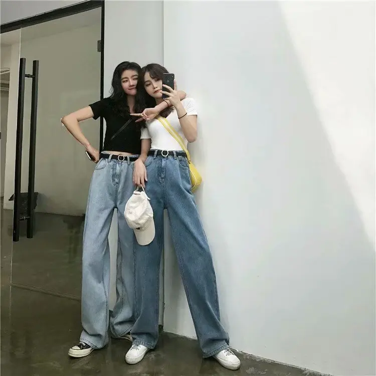 Korean Version of Fashion Casual Straight Leg Jeans Women Four Seasons New Simple High Waist Wide Leg Pants Floor-length Jeans