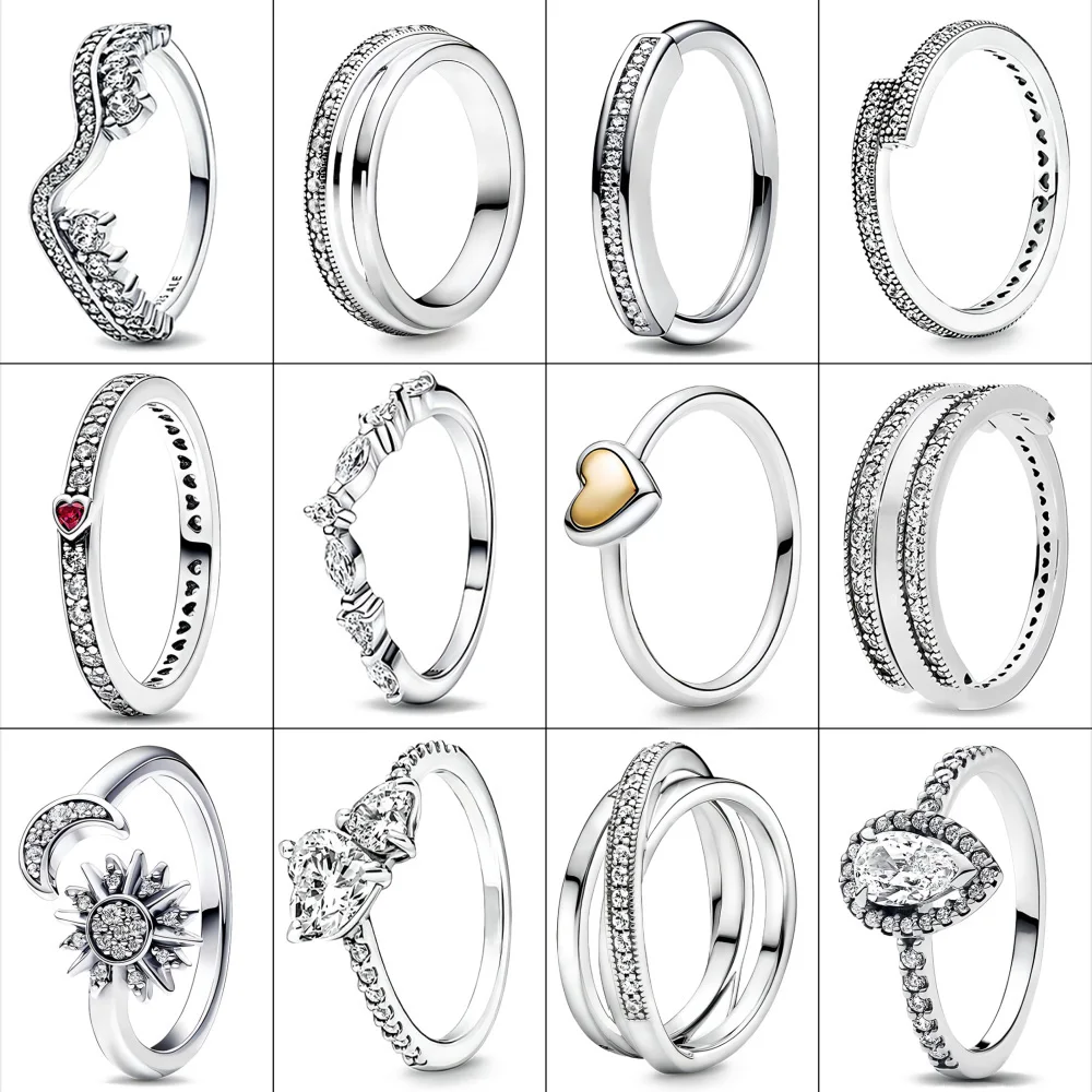 Disney 2024 New in Rings Crown Heart Flower Wing Clear Zircon Sparkling  For Women Jewelry Wedding  Accesories Gifts Heart Ring