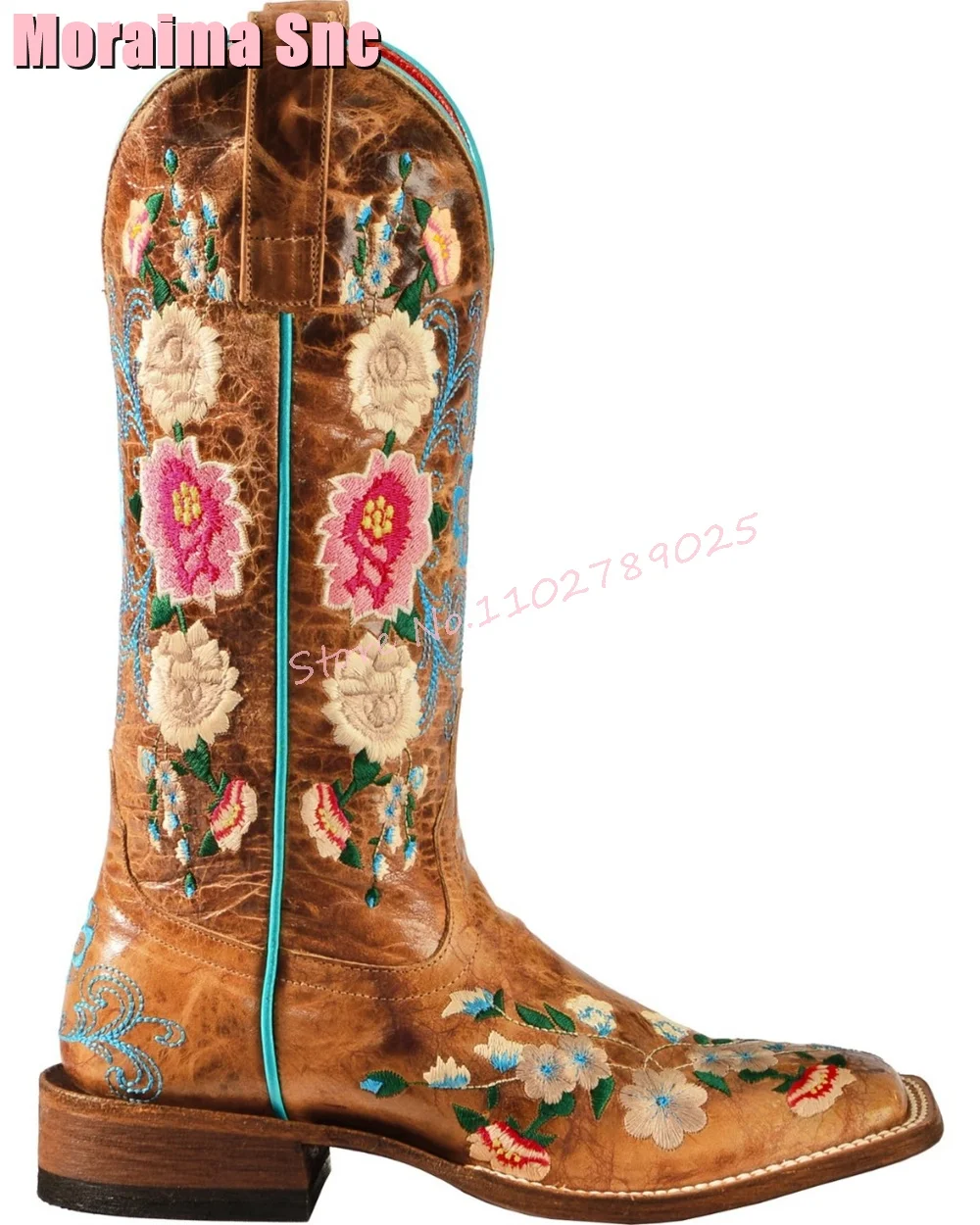 Retro Flower Embroider Western Boots Pointed Toe Slip On Fashion Women Knee High Boots Block Mid Heel Mixed Colors Autumn Winter