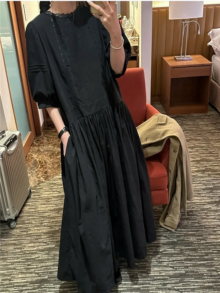 

Fashion Black White Pleated Loose Casual Long Shirt Dress Lazy Style Chic Design Lace Patchwork Short Puff Sleeve Maxi Dresses