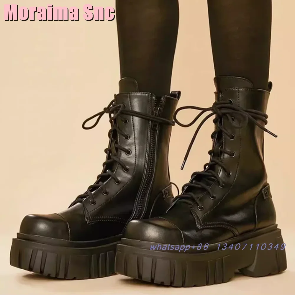 

Fashion Thick Sole Round Toe Ankle Boots Lace-up Block Chunky Heel Sexy Women's Short Boots Autumn Winter Black Solid 2024 New