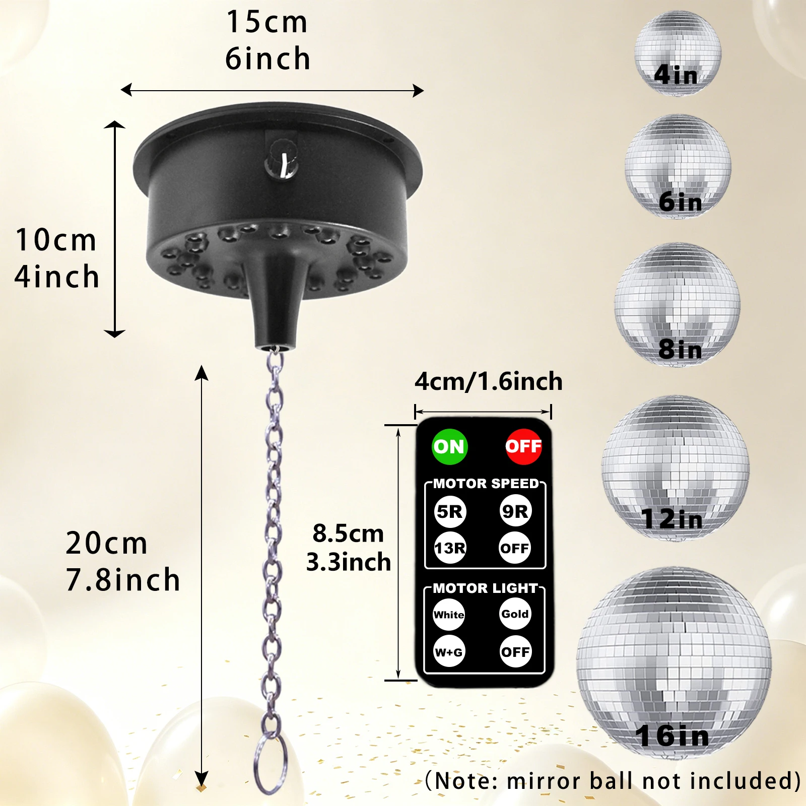Gold and White LED Disco Ball Motor with Remote Control Adjustable Speed Heavy Duty Motor for Mirror Ball (USB/3AA Battery Power