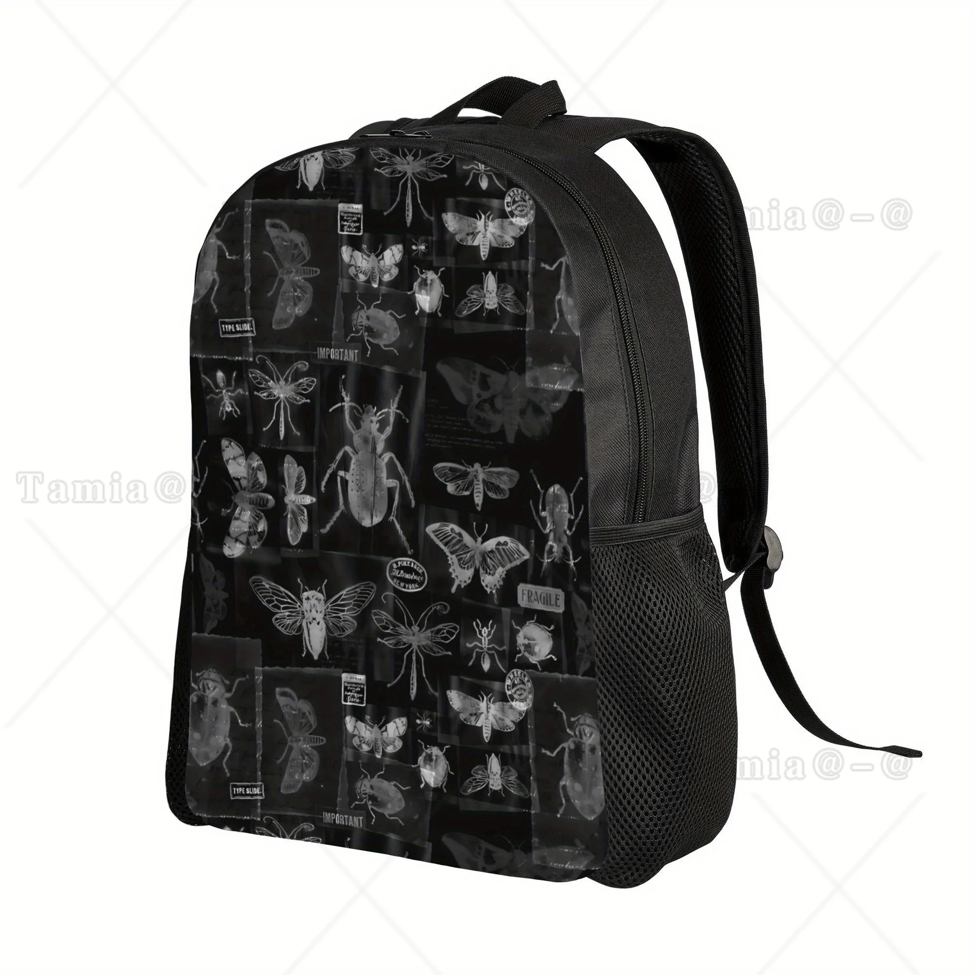 Vintage Black White Insect Specimen Gothic Bug Moth Print Backpack, Retro Scientific Insect Casual Backpack
