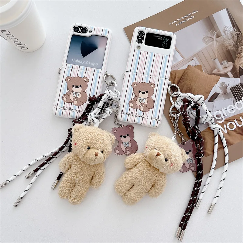 Cartoon Colored Striped Teddy Bear Phone Case for Samsung Galaxy Z Flip6 4 Hard Cover for ZFlip4 ZFlip5 Solid Shell Bracket