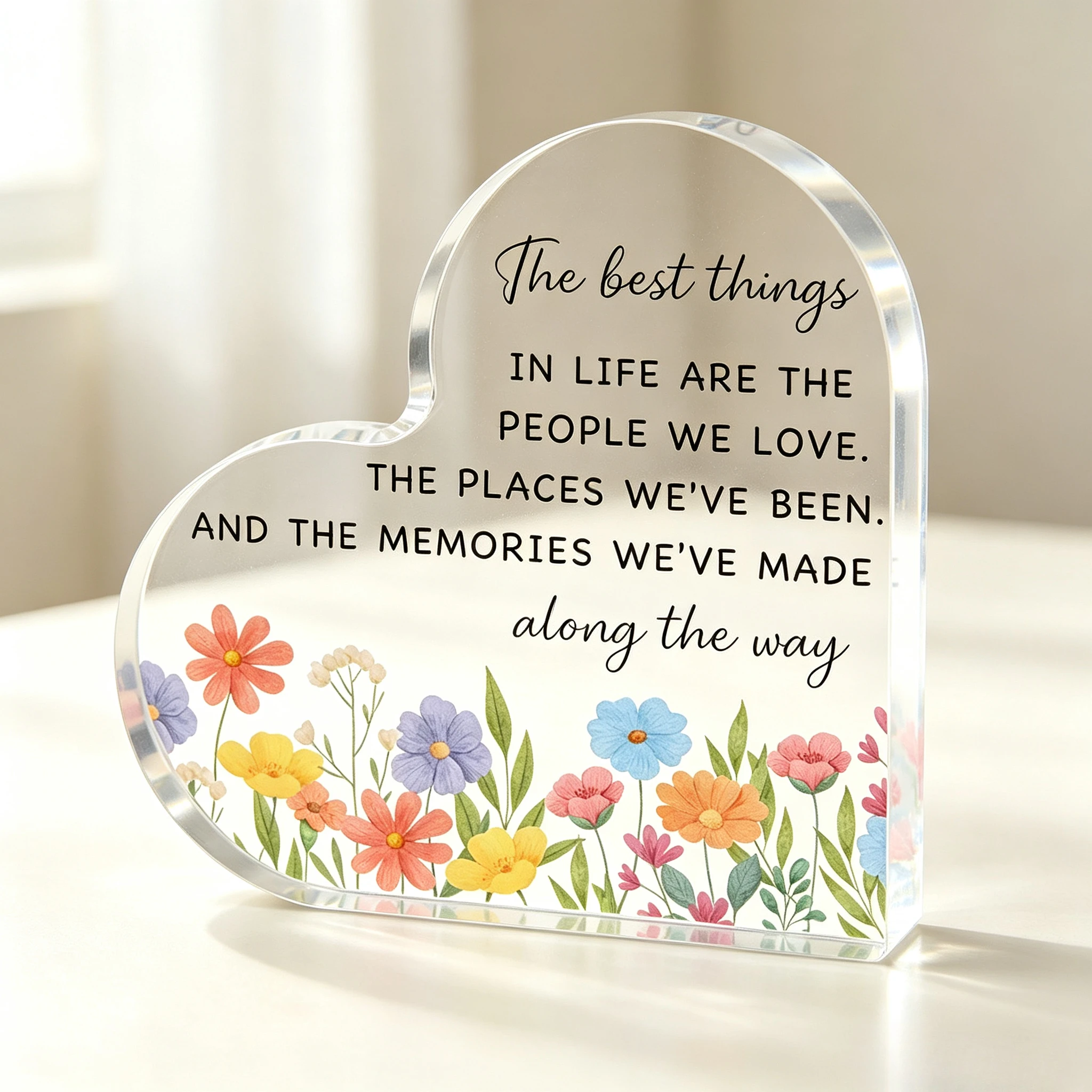 Colorful Mixed Wildflower Heart Acrylic Stand, Cherished Memories Sentimental Table Ornament
