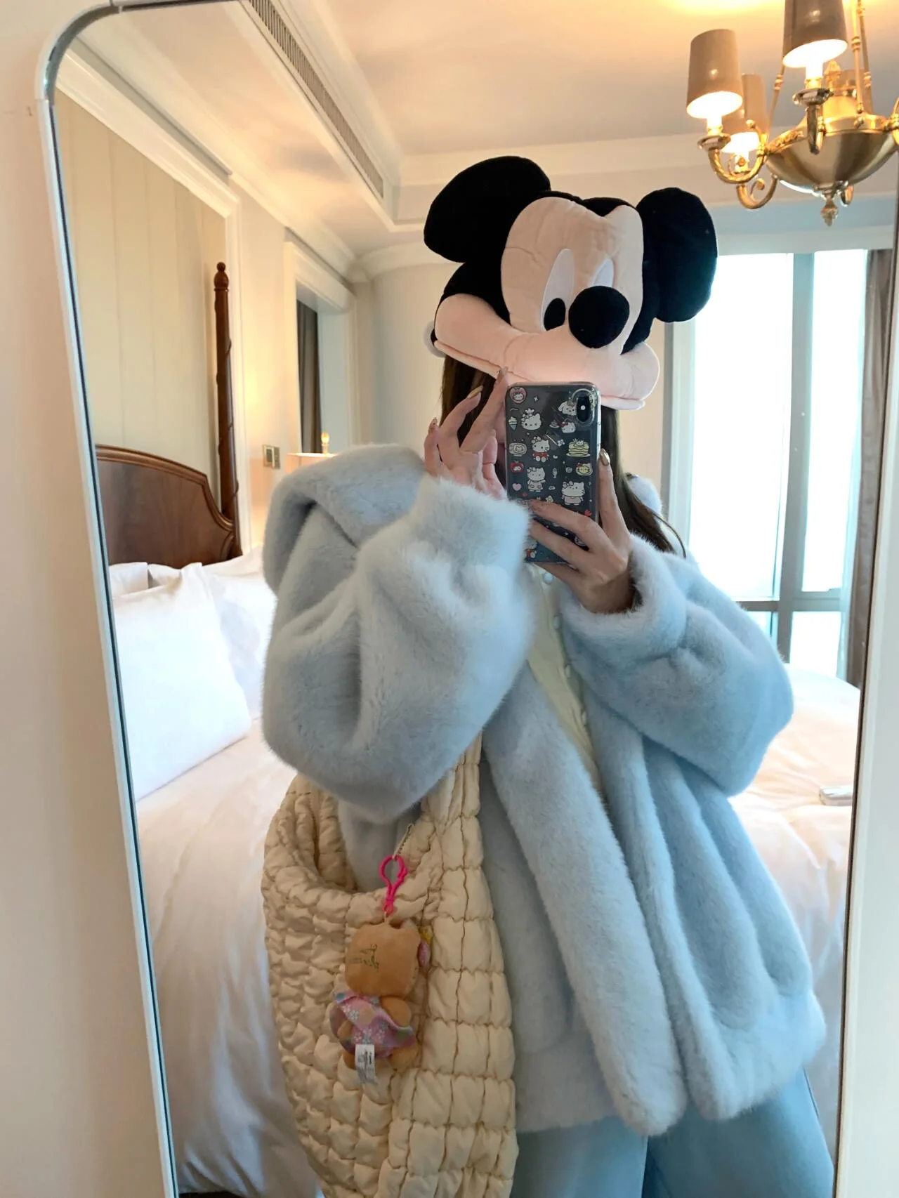 Morbido e soffice vestibilità ampia con cappuccio dimagrante caldo pelliccia sintetica azzurro anti-età cappello ecologico Jaet cappotto invernale