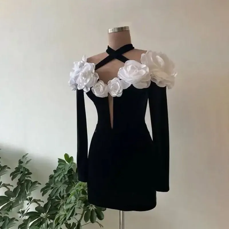 

Vintage Floral Full Sleeves White Black Short Formal Dresses With 3D Flower Decoration Modest Halter Neckline Mini Party Dress