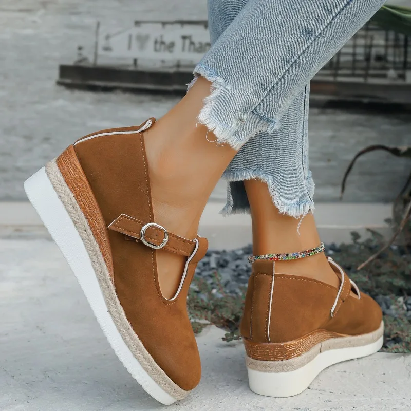 New Shallow Mouth Women's Solid Color Wedge Casual Sports Shoes Autumn Thick Sole Buckle Walking Shoes Versatile Women's Shoes image 6