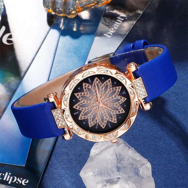 6PCS Blue Classic Quartz Watches New Women Luxury Rhinestone Watches Simple Leather Strap Watches Casual Bracelet Female Clock