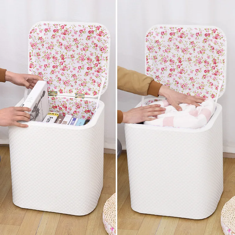 Multifunctional Wooden Storage Stool, Fabric Sitting Storage Bench, Home Clothes Organizer
