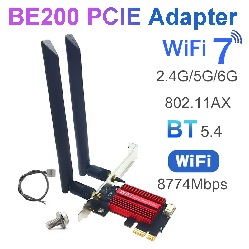 PC用ワイヤレスネットワークカード,be200,pcie,Wi-Fi 7, Bluetooth 5.4,トライバンド2.4g,5g,6g,win 10, 11