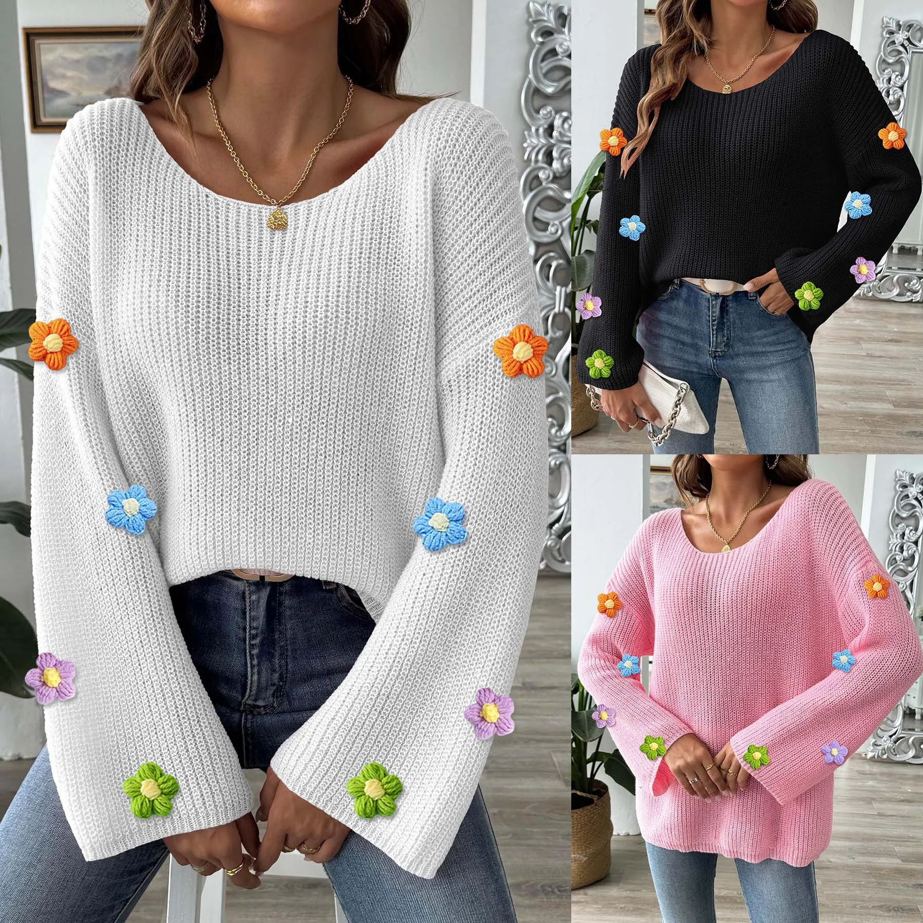 

Pullover Sweater Women Knitting Top Flower Flare Sleeve Slash Neck 2025 Autumn Winter Office Lady Jumper Knitted Tops Knitwear