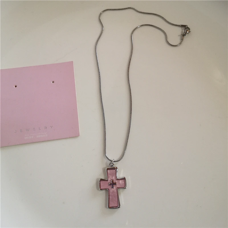 Gothic süße Y2K Edelstahl Schleife Herz rosa Kreuz Anhänger Perlen Perle Schlangenkette Halskette für Egirl 2000er EMO Zubehör – Detail 8
