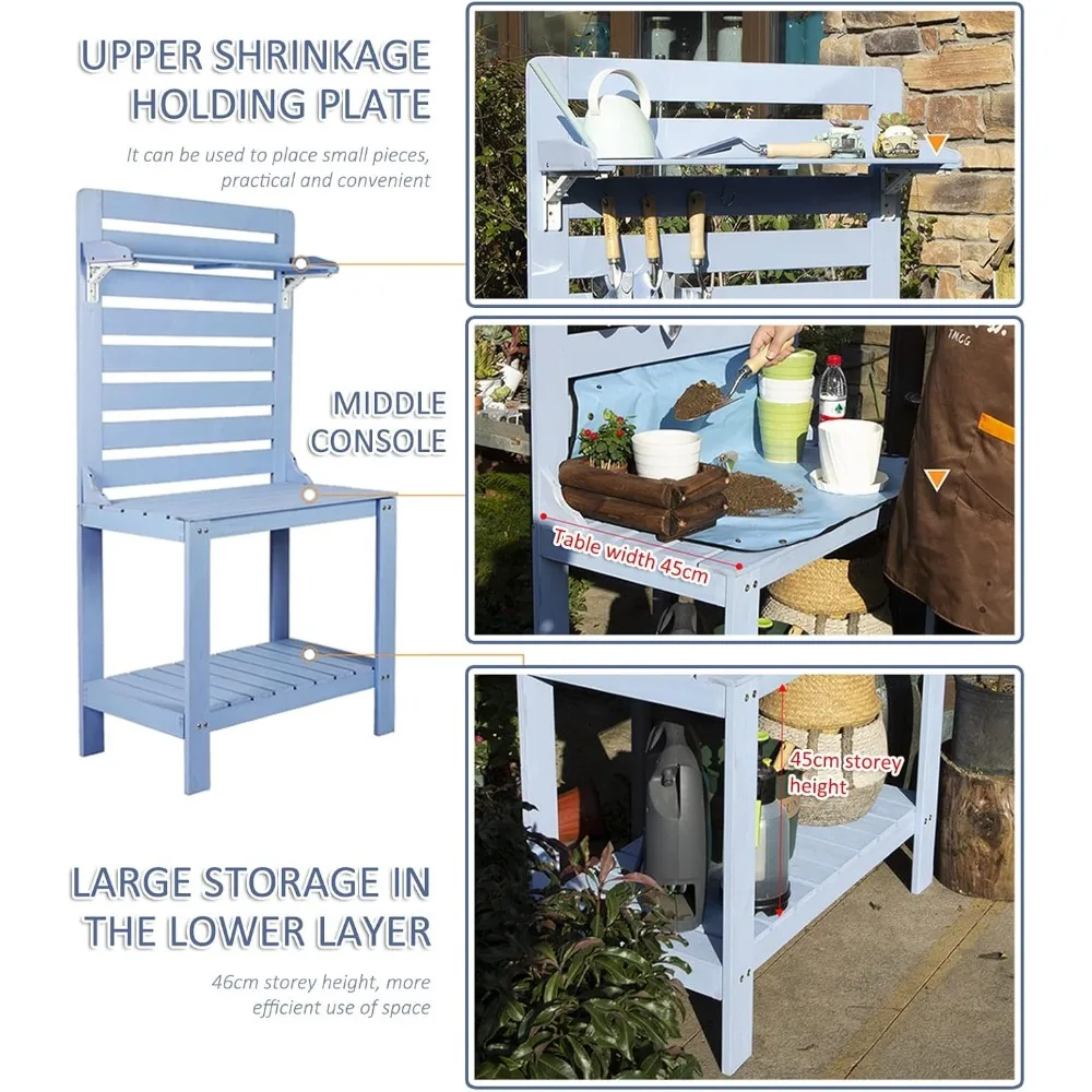 Stół ogrodowy do doniczek - stacja robocza z litego drewna na zewnątrz, ławka ogrodnicza z haczykami, trwały stół do doniczek na zewnątrz