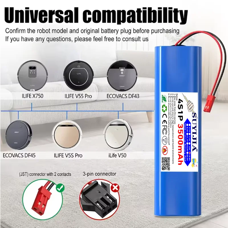 4S1P Rechargeable Battery for Ilife V50 V55 V8s V3s Pro V5s Pro V8s X750 Robot Vacuum Cleaner 18650 LithiumBattery 14.4V 3500mAh