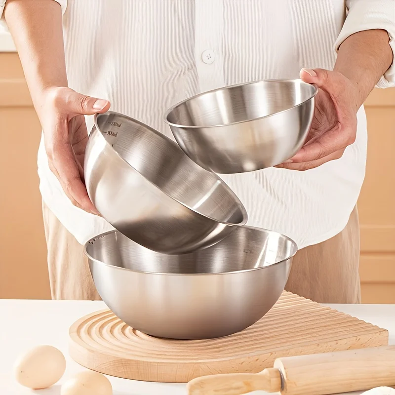 Juego de 3 Tazones para Mezclar de Acero Inoxidable, para Cocinar, Hornear y Servir, Tazón de Cocina/para Mezclar, Taza Medidora para Hornear