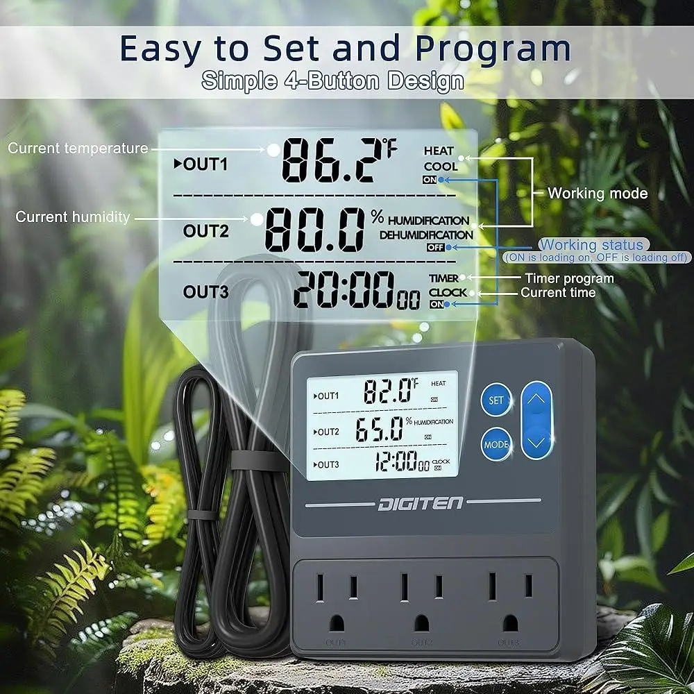 Reptile Temperature Humidity Controller Timer Thermostat 3-Stage Outlet Plug Humidistat LCD Display Precision Sensor Equipment