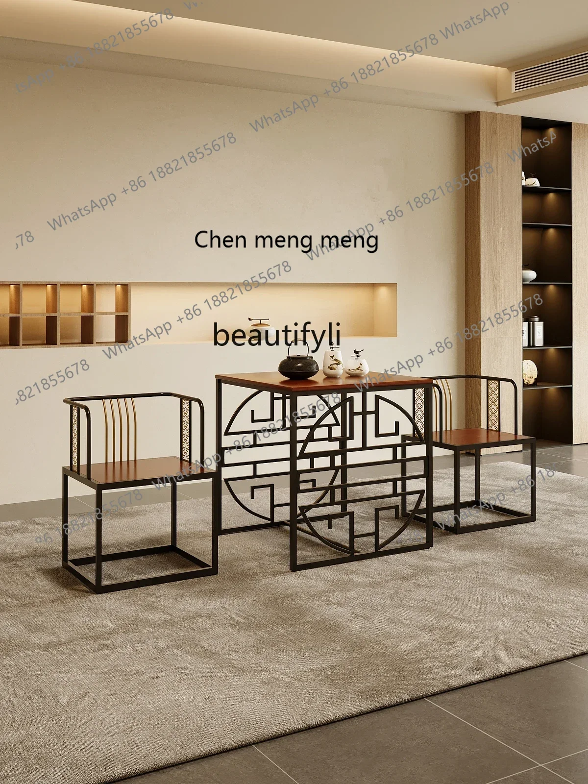X New Chinese-style official hat chair three-piece set  hotel homestay Taishi chair wrought iron Zen coffee table