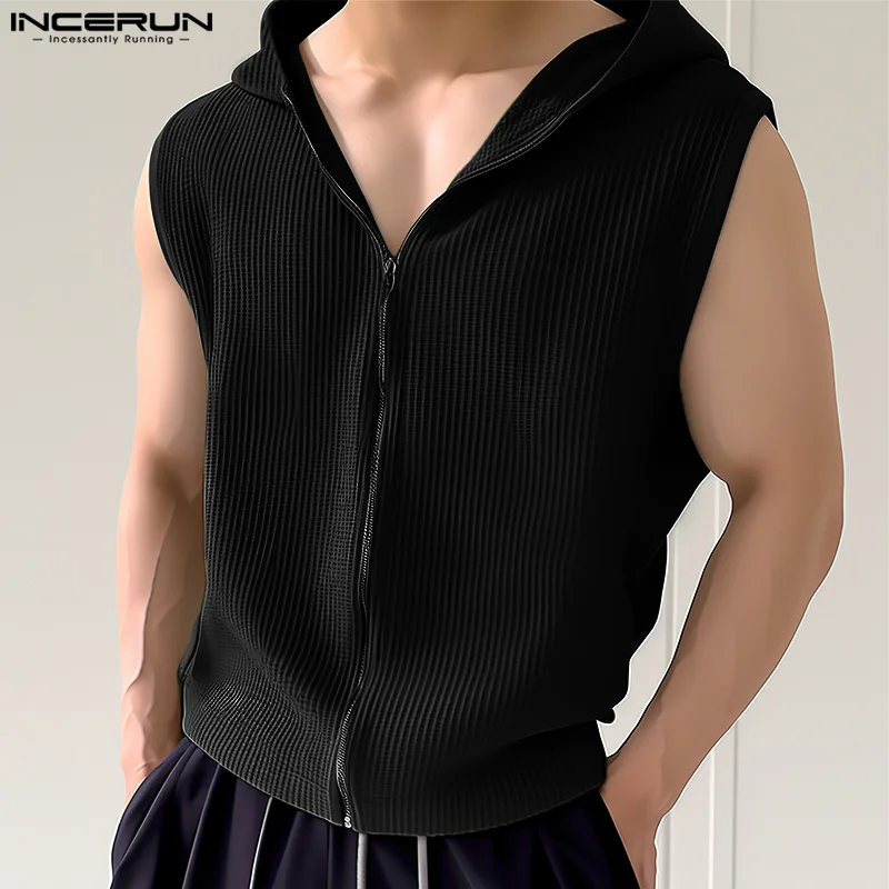 INCERUN Men Tank Tops Solid Color Hooded Zipper Sleeveless Casual Male Vests Streetwear 2024 Summer Fashion Leisure Men Clothing