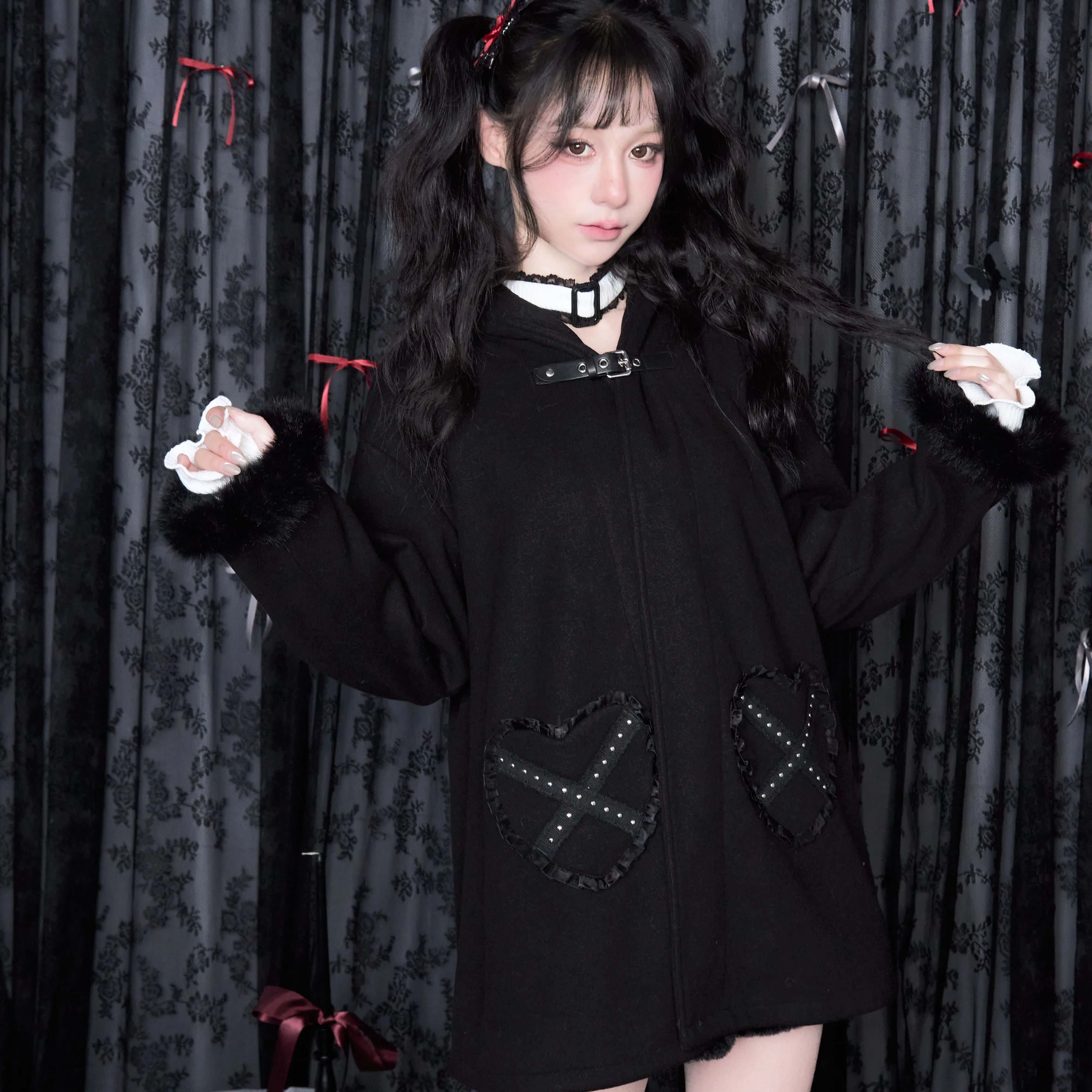 Women's Black Woolen Coat Japanese Mine Style Gothic Subculture Rivet Love Pocket Hooded Long Coat Femme Overcoat Winter Jacket